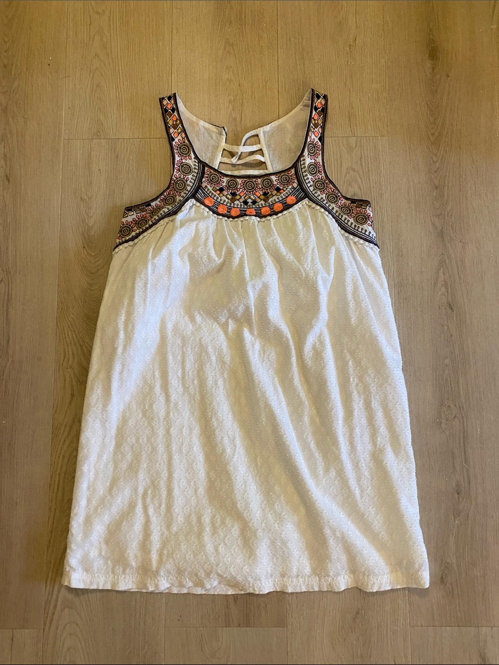 Womens White Embroidered Tank Dress with Orange Accents